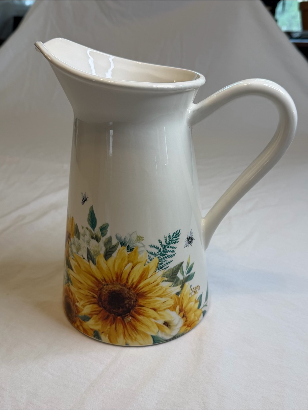 Ashland White Ceramic Pitcher 9” with Sunflowers and bees.